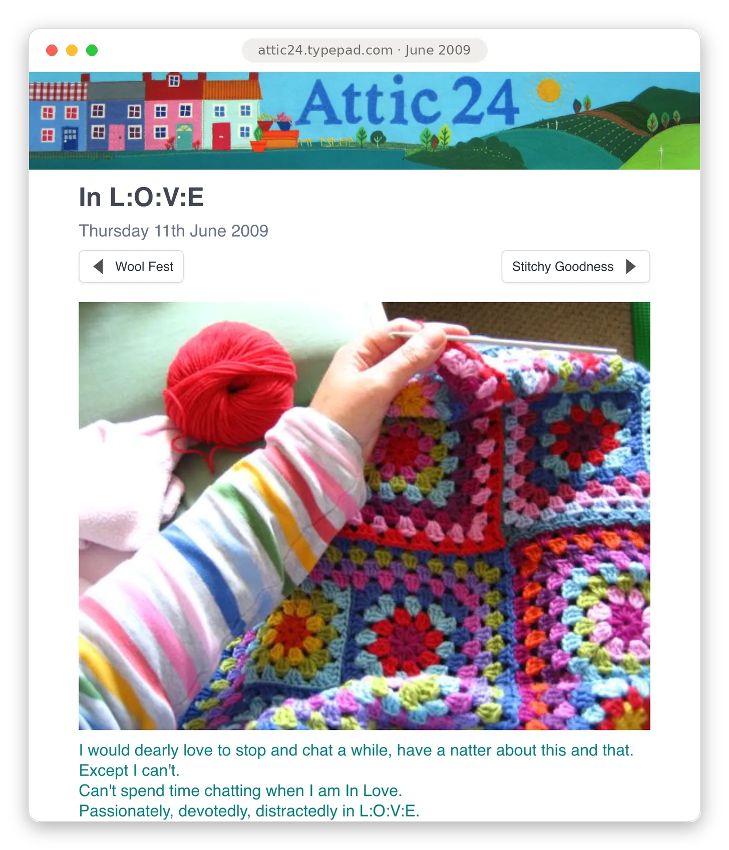 Screenshot of Lucy’s Attic24 blog from June 2009, a post titled “In L:O:V:E” showing a hand crocheting a blanket of brightly colored granny squares next to a ball of red yarn.