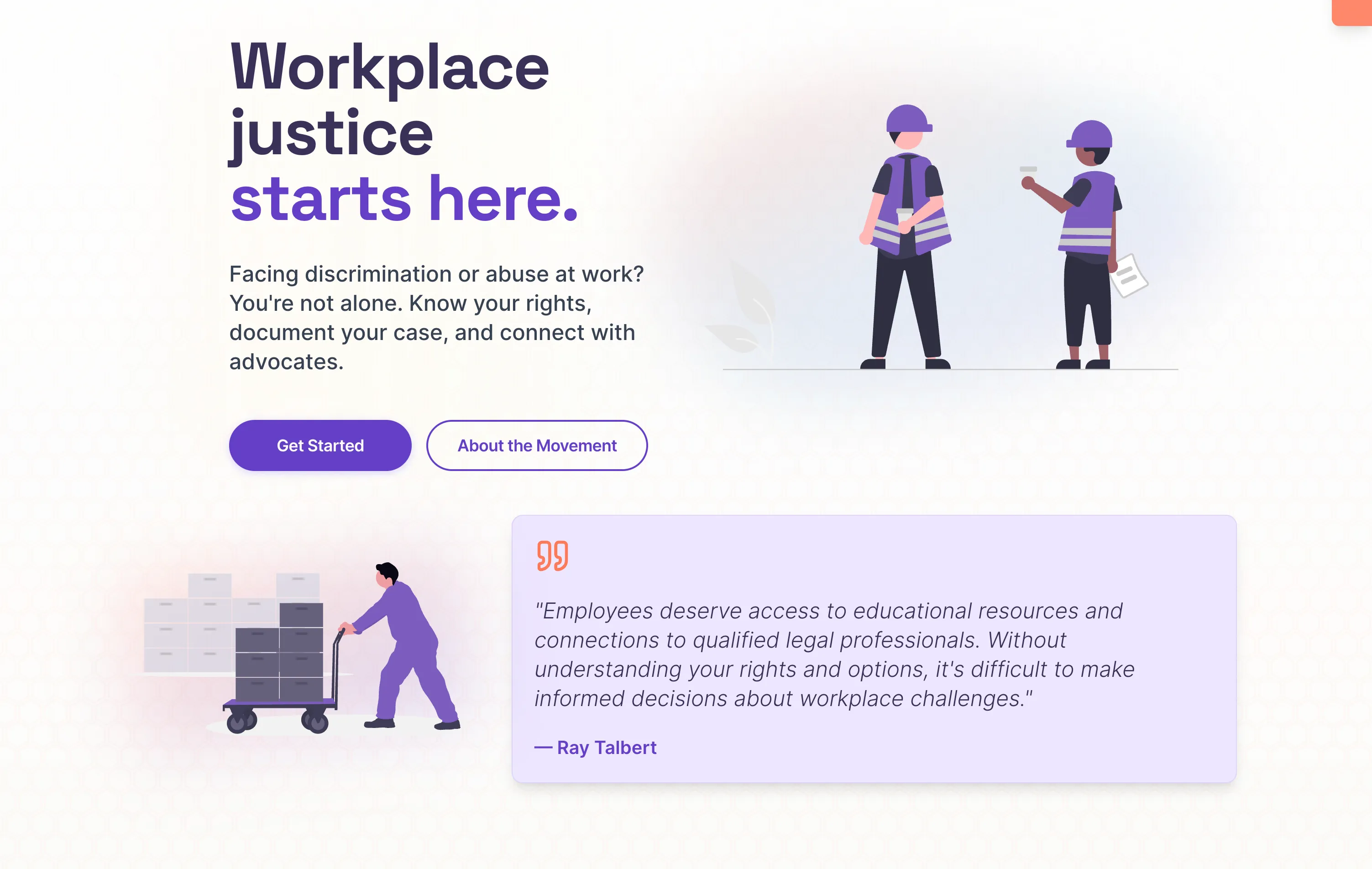 Hive-ly landing page hero with headline Workplace justice starts here and Get Started call to action
