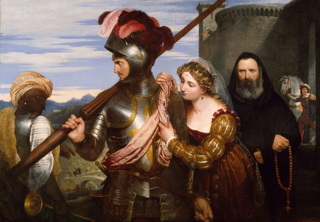 A medieval painting of a knight in armor with a plumed helmet, attended by a lady tying a sash around him while a squire and monk look on