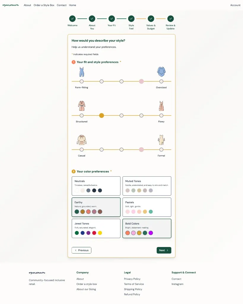 Open Weave onboarding with step progress, fit and style sliders, and color palette selection